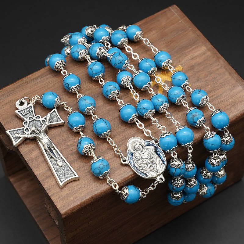 Christianartworkshop Blue Turquoise Christ Prayer Rosary with Mary & Baby Jesus Medal