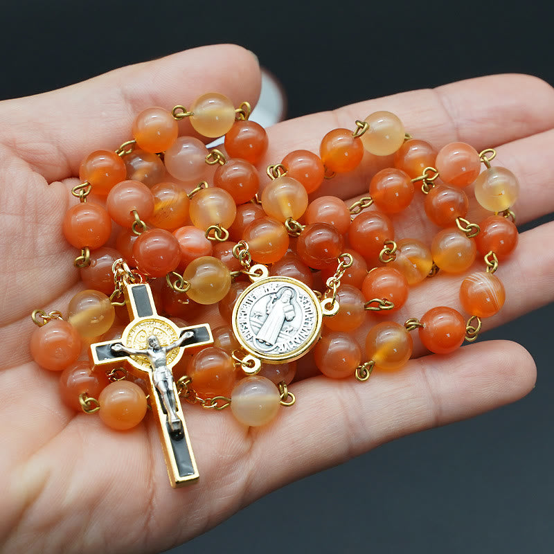 Christianartworkshop Natural Agate Rosary with St. Benedict & Crucifix