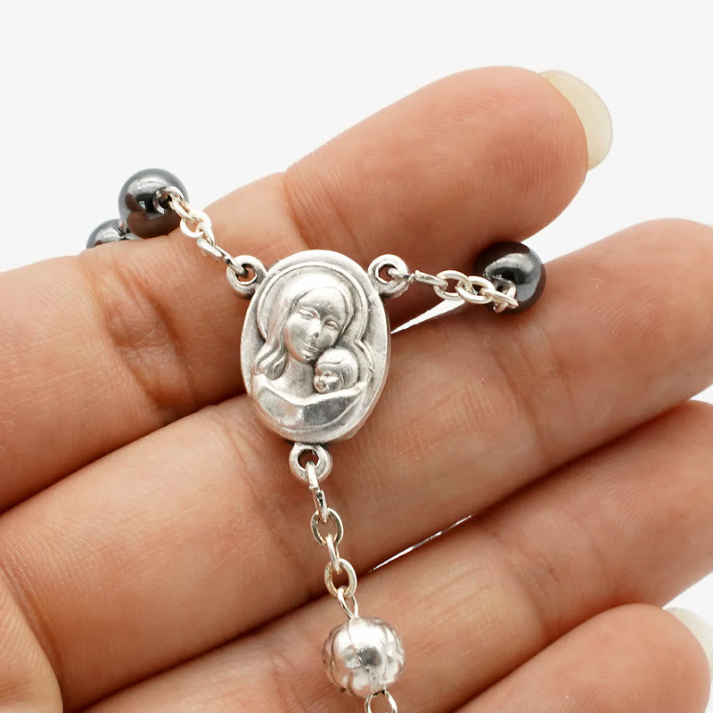 Christianartworkshop Hematite Rosary with Blessed Virgin Mary Medal