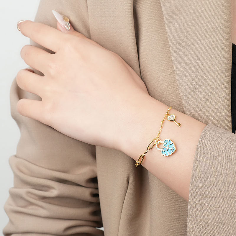 Christianartworkshop Turquoise Cross Heart-Lock Bracelet with Zirconia Key