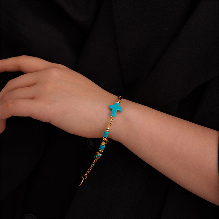 Christianartworkshop Niche Turquoise Cross Golden Chain Bracelet