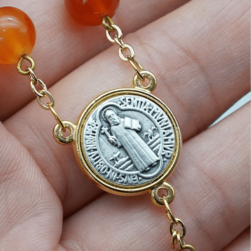 Christianartworkshop Natural Agate Rosary with St. Benedict & Crucifix