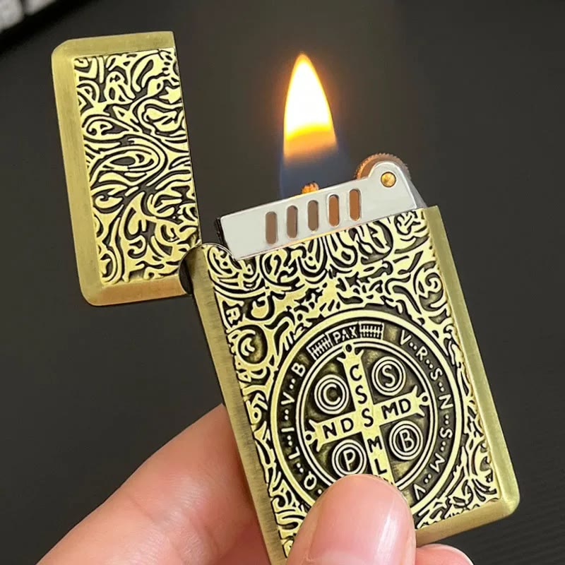 solid gold cigarette lighter Carved St. Benedict Cross Medallion Solid Metal Cigarette Lighter, Golden solid gold cigarette lighter Carved St. Benedict Cross Medallion Solid Metal Cigarette Lighter, Golden