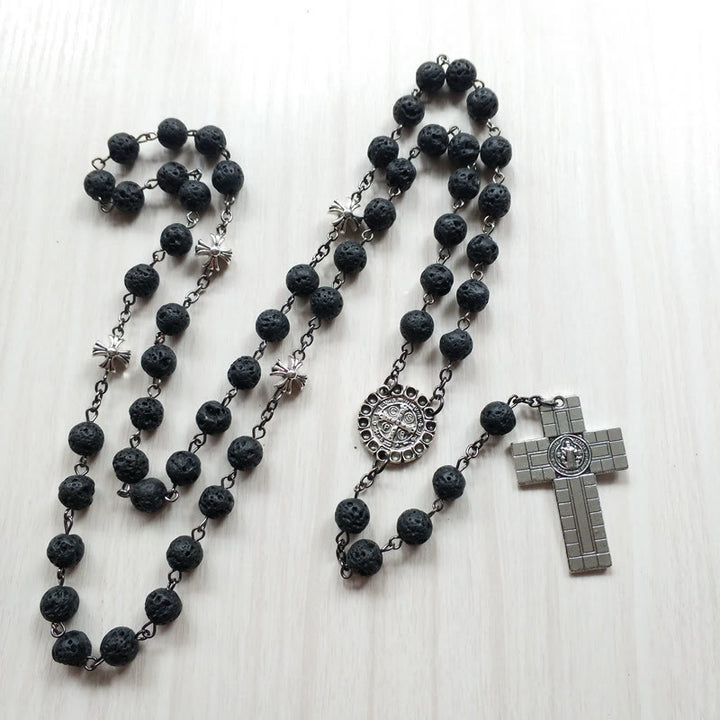 Vintage Cross Pendant Volcanic Stone Beads Rosary - image 5