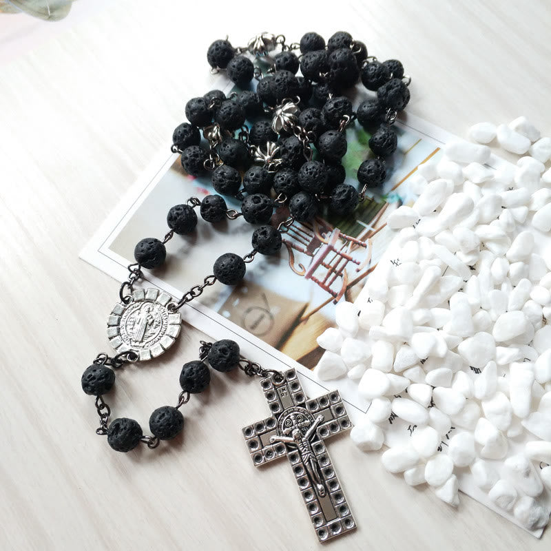 Vintage Cross Pendant Volcanic Stone Beads Rosary - image 2