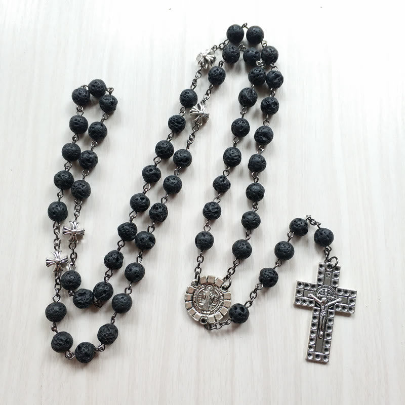 Vintage Cross Pendant Volcanic Stone Beads Rosary - image 4
