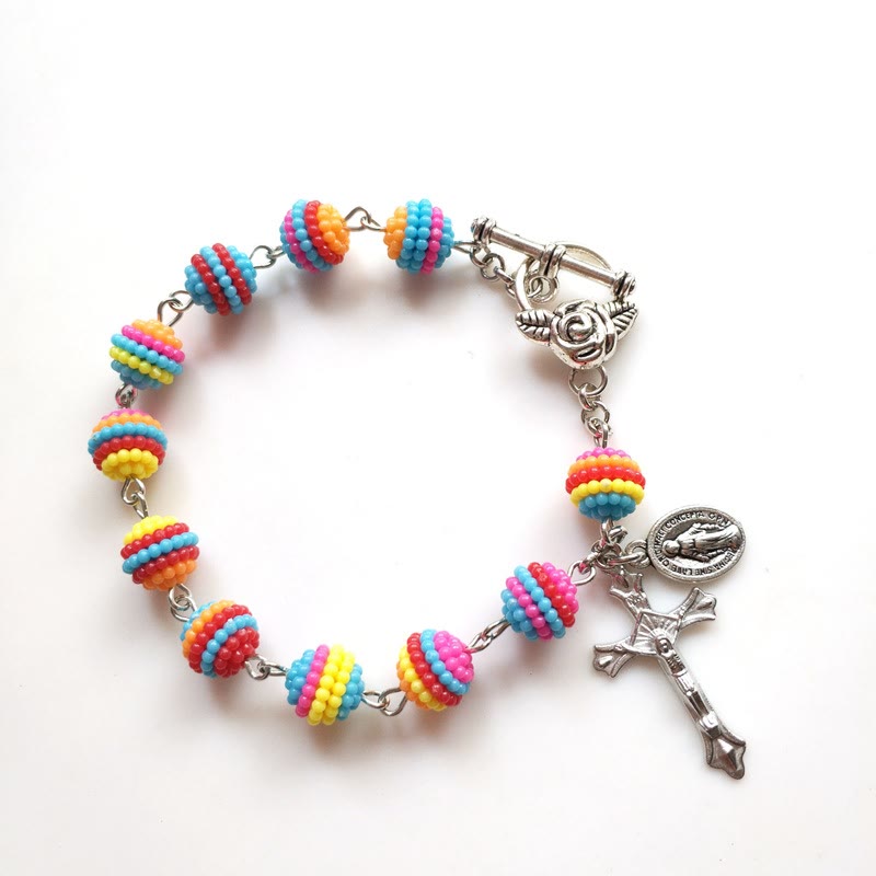 Christianartworkshop Jesus & Mary Rainbow Beaded Religion Wrist Bracelet - Rainbow Beads(Circumference 20cm) - image 1