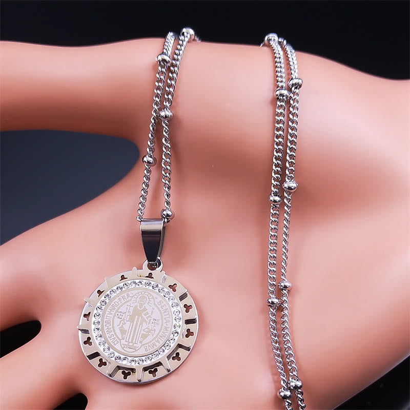 Christianartworkshop Retro Style Gem-set St. Benedict Medal Pendant Necklace