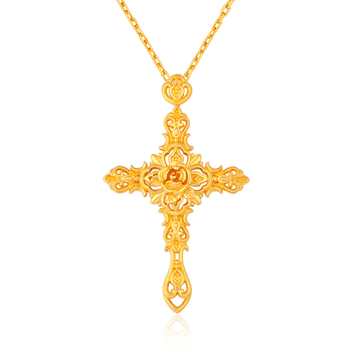 Christianartworkshop 999 Pure Gold Retro Style Thorn Rose Cross Ancient Craftsmanship Pendant