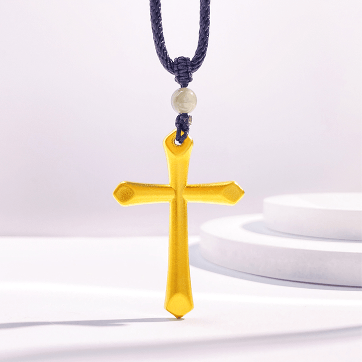 Christianartworkshop 999 Solid Gold Minimalist Style Cross Frosted Pendant Necklace
