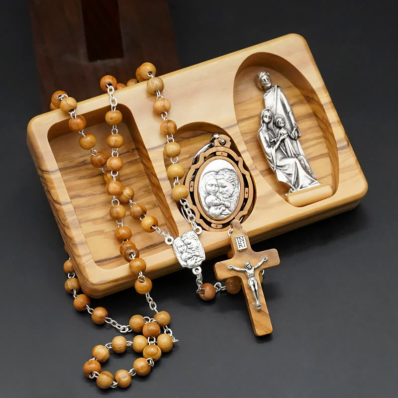 Handmade Olive Wood Holy Family Rosary Set – Five-Decade Rosary