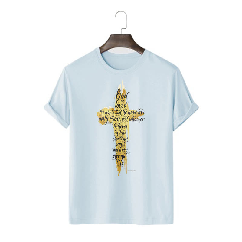 Christianartworkshop Quotation Style Golden Cross Scripture - John 3:16 Short Sleeve T-shirt - Blue - 2XL - image 18