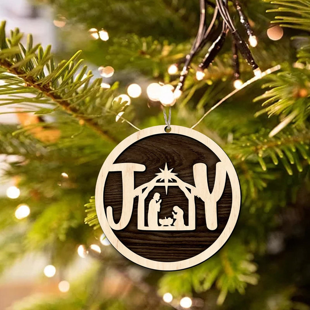 Christianartworkshop Minimalist Style Wooden Nativity Scene Joy Pendant Christmas Nativity Hanging Ornaments