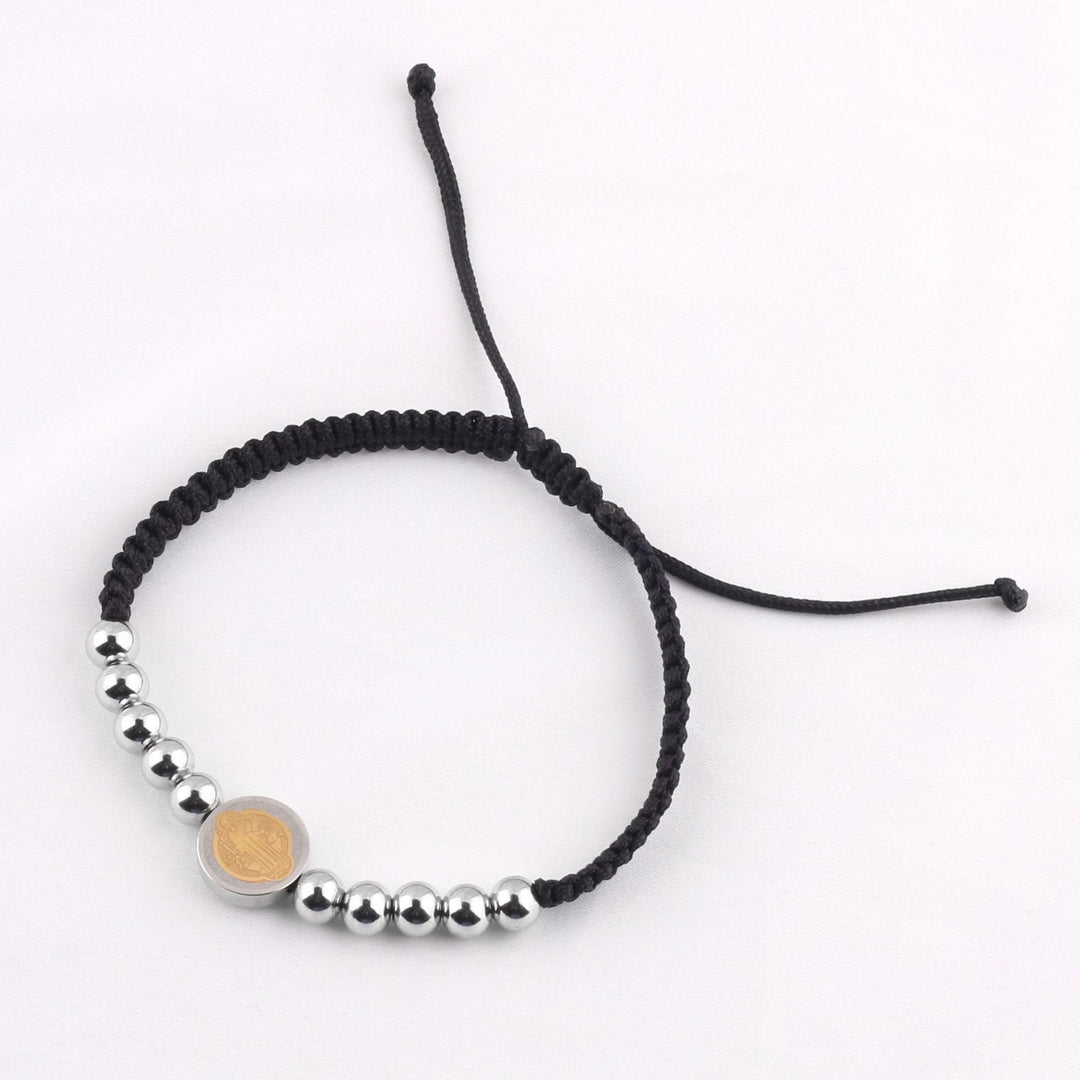 Christianartworkshop Minimalist Style St. Benedict Medal Stainless Steel Beads Adjustable Nylon Cord Bracelet