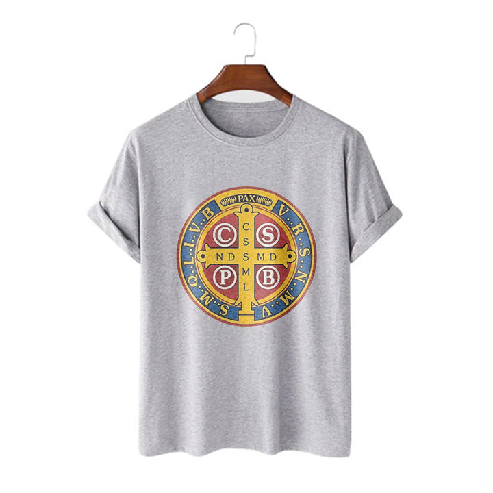 Christianartworkshop Classic Style Golden St. Benedict Medal Short Sleeve T-shirt - Grey - 2XL - image 19