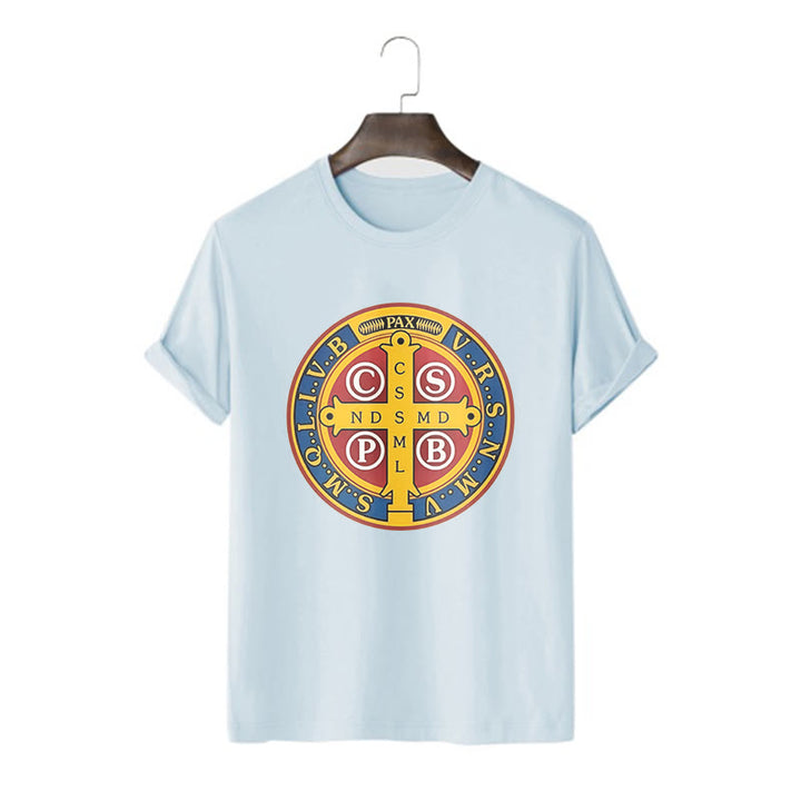 Christianartworkshop Classic Style Golden St. Benedict Medal Short Sleeve T-shirt - Blue - 2XL - image 18