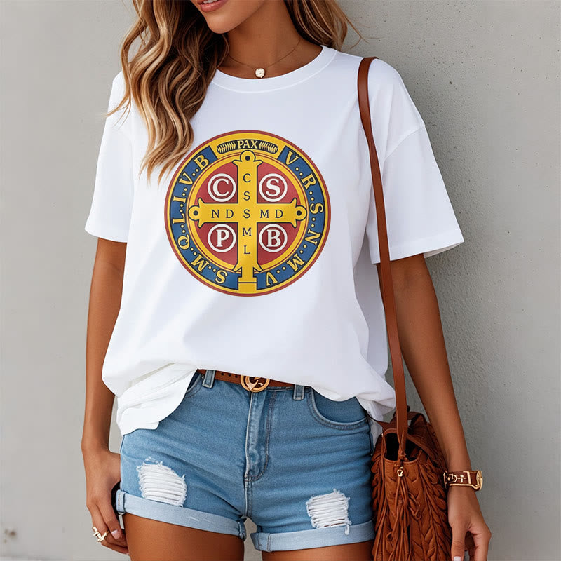 Christianartworkshop Classic Style Golden St. Benedict Medal Short Sleeve T-shirt - image 7