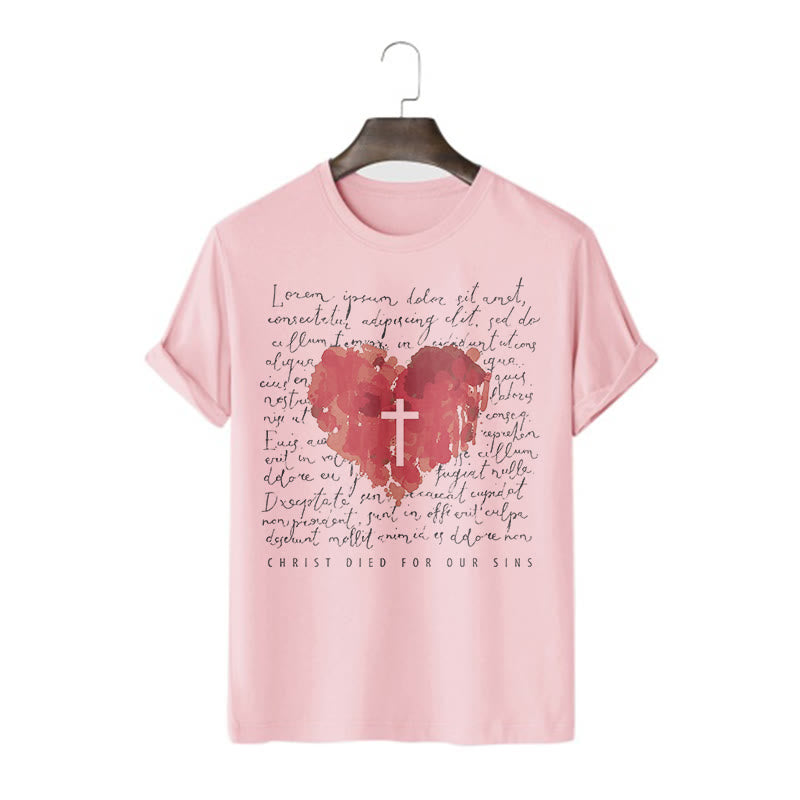 Christianartworkshop Fresh Style Cross and Heart Short Sleeve T-shirt - Pink - 2XL - image 14