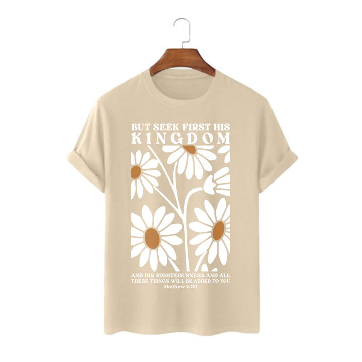 Christianartworkshop Quotation Style Matthew 6:33 But Seek First His Kingdom Floral Short Sleeve T-shirt - Khaki - 2XL - image 5