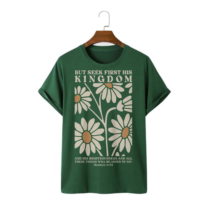 Christianartworkshop Quotation Style Matthew 6:33 But Seek First His Kingdom Floral Short Sleeve T-shirt - Dark Green - 2XL - image 7