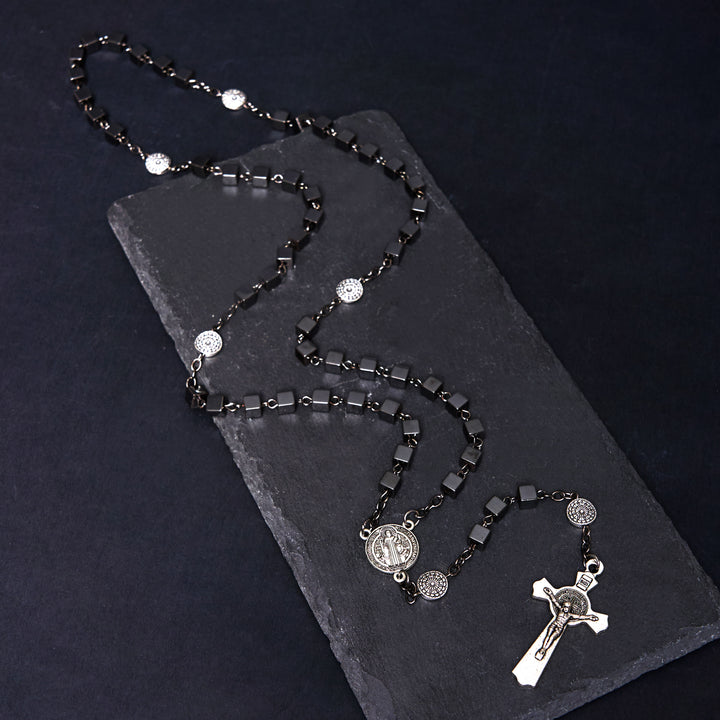 Christianartworkshop St. Benedict Medal & Crucifix of 6 mm Square Black Gallstone Alloy Chain Rosary