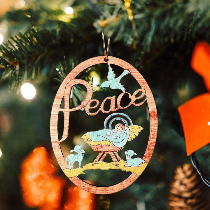 Christianartworkshop Rustic Colored Style Peace Nativity Scene Oval Christmas Nativity Hanging Ornaments