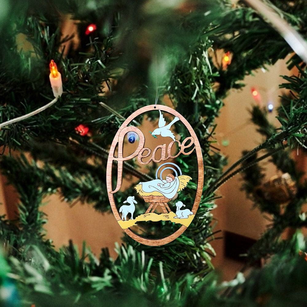 Christianartworkshop Rustic Colored Style Peace Nativity Scene Oval Christmas Nativity Hanging Ornaments
