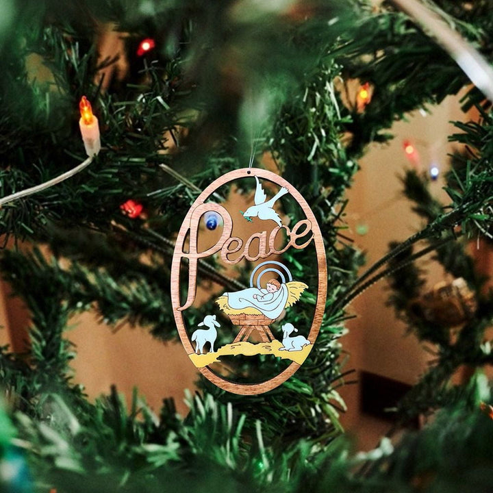 Christianartworkshop Rustic Colored Style Peace Nativity Scene Oval Christmas Nativity Hanging Ornaments