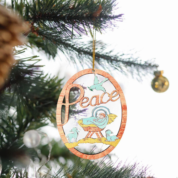 Christianartworkshop Rustic Colored Style Peace Nativity Scene Oval Christmas Nativity Hanging Ornaments
