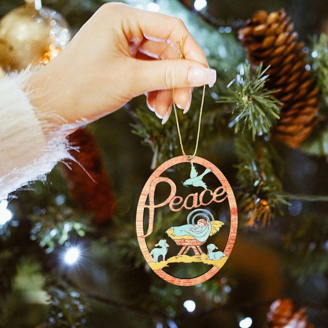 Christianartworkshop Rustic Colored Style Peace Nativity Scene Oval Christmas Nativity Hanging Ornaments