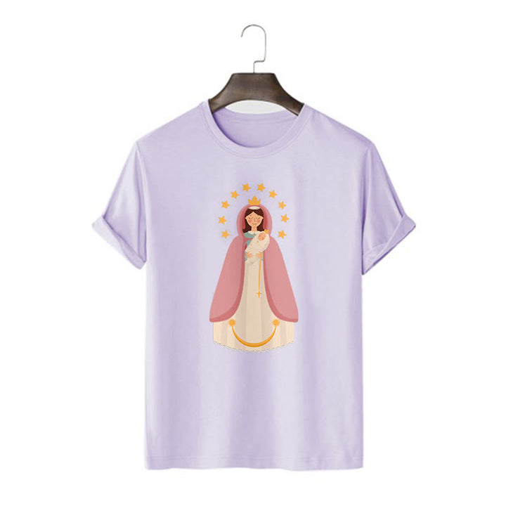 Christianartworkshop Minimalist Style Divine Virgin Mary and Child Short Sleeve Washed T-shirt
