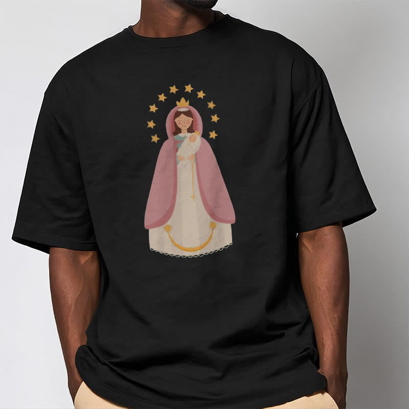 Christianartworkshop Minimalist Style Divine Virgin Mary and Child Short Sleeve Washed T-shirt