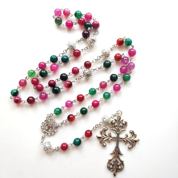 Christianartworkshop St. Benedict Medal & Cross of 8 mm Round Multicolor Natural Tourmaline Agate Alloy Chain Rosary