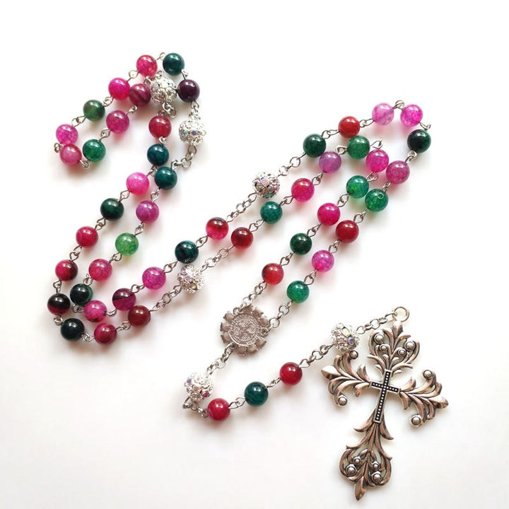 Christianartworkshop St. Benedict Medal & Cross of 8 mm Round Multicolor Natural Tourmaline Agate Alloy Chain Rosary