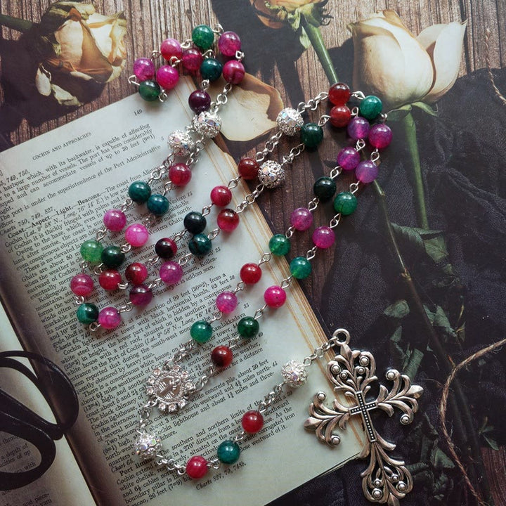 Christianartworkshop St. Benedict Medal & Cross of 8 mm Round Multicolor Natural Tourmaline Agate Alloy Chain Rosary