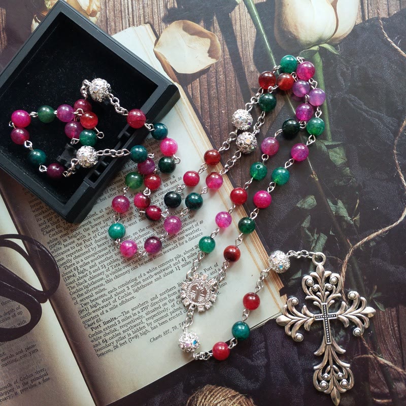 Christianartworkshop St. Benedict Medal & Cross of 8 mm Round Multicolor Natural Tourmaline Agate Alloy Chain Rosary