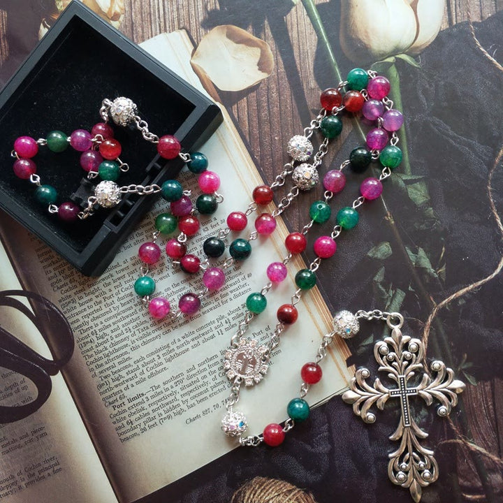 Christianartworkshop St. Benedict Medal & Cross of 8 mm Round Multicolor Natural Tourmaline Agate Alloy Chain Rosary