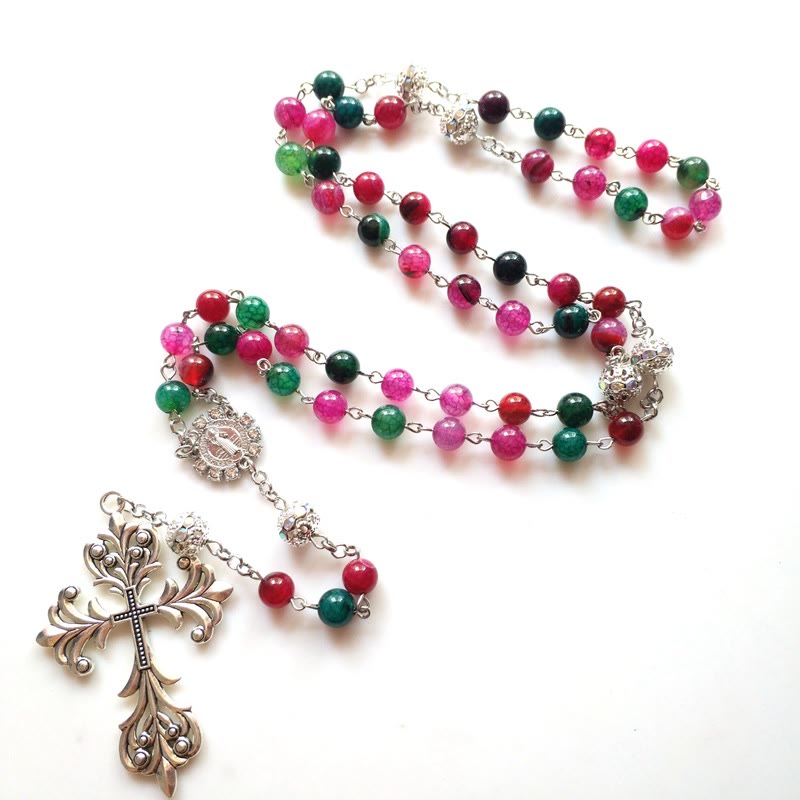 Christianartworkshop St. Benedict Medal & Cross of 8 mm Round Multicolor Natural Tourmaline Agate Alloy Chain Rosary