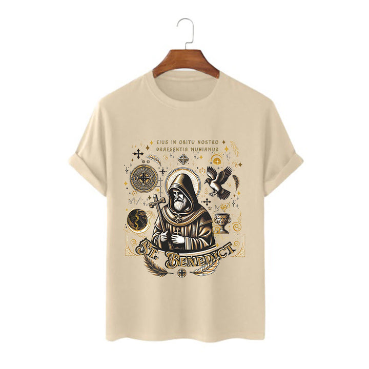 Christianartworkshop Classic Style St. Benedict Blessing Graphic Short Sleeve T-shirt - Khaki - 2XL - image 6