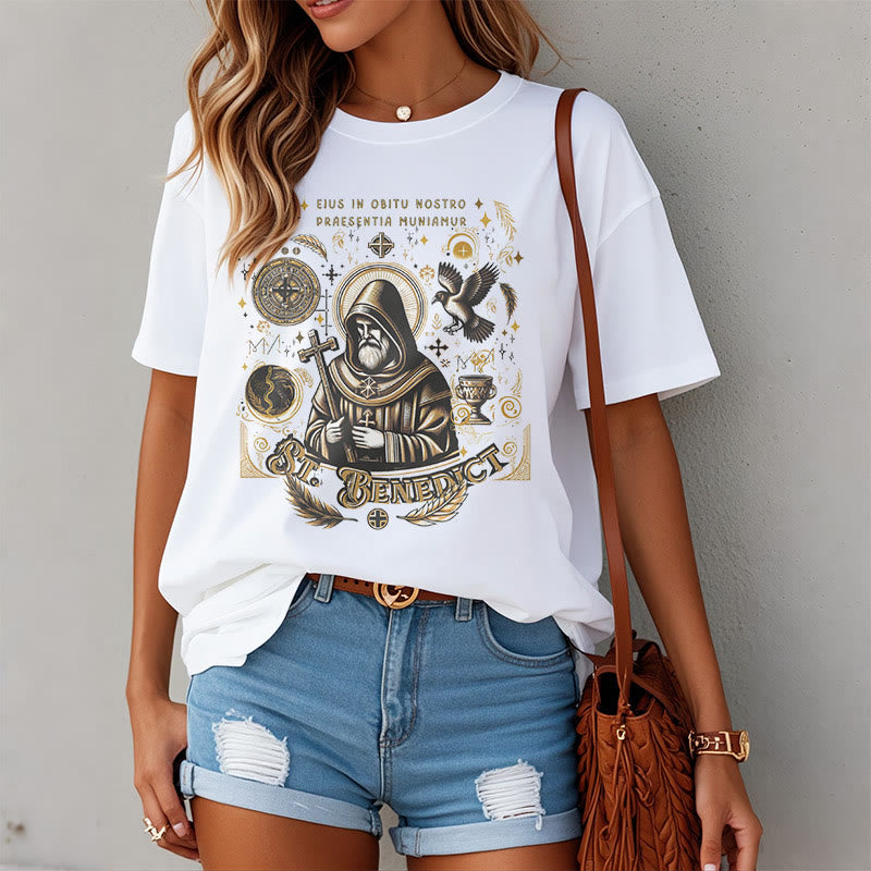Christianartworkshop Classic Style St. Benedict Blessing Graphic Short Sleeve T-shirt - image 3