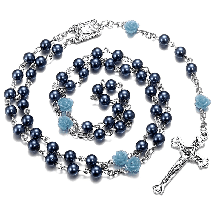 Christianartworkshop Madonna in Profile & Crucifix of 6 mm Rose Round Multicolor Pearl Alloy Chain Rosary(8 colors)
