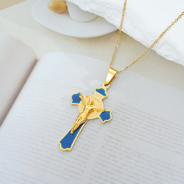 Christianartworkshop Modern Classic Style Multicolor Crucifix St. Benedict Medal Protection Pendant Necklace(8 colors)