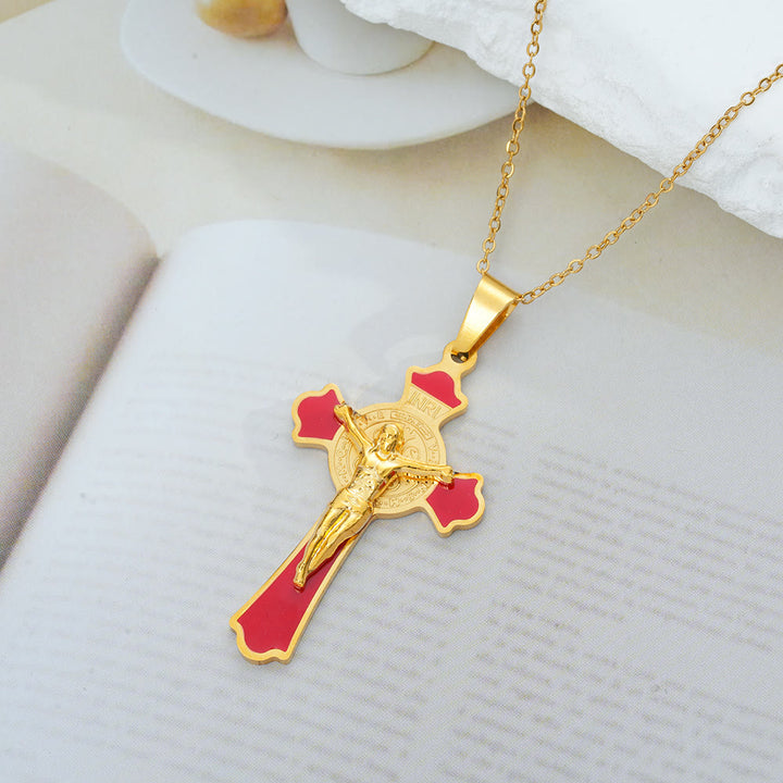 Christianartworkshop Modern Classic Style Multicolor Crucifix St. Benedict Medal Protection Pendant Necklace(8 colors)