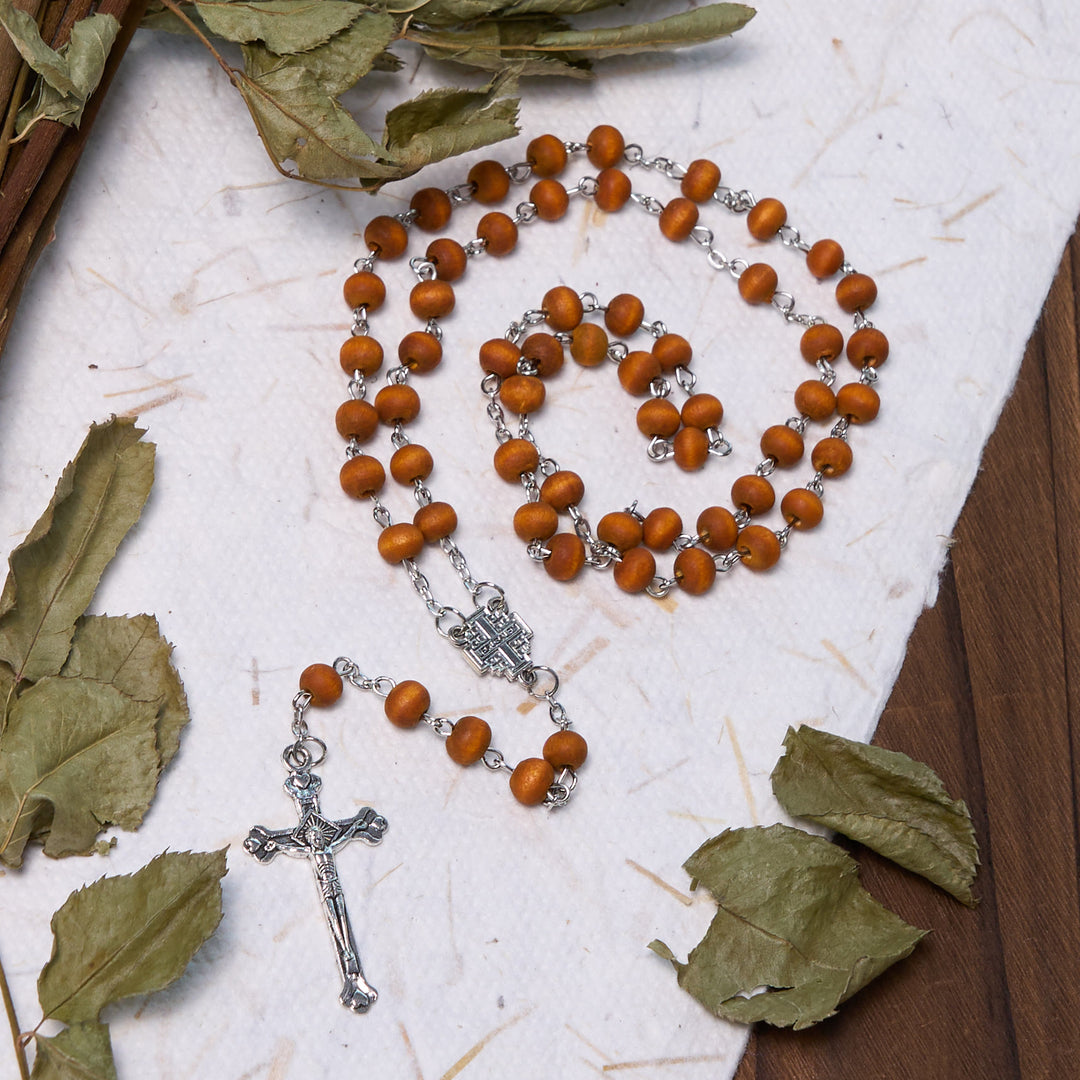 Christianartworkshop Jerusalem Medal & Crucifix of 7 mm Round White Rosewood Alloy Chain Rosary - image 5