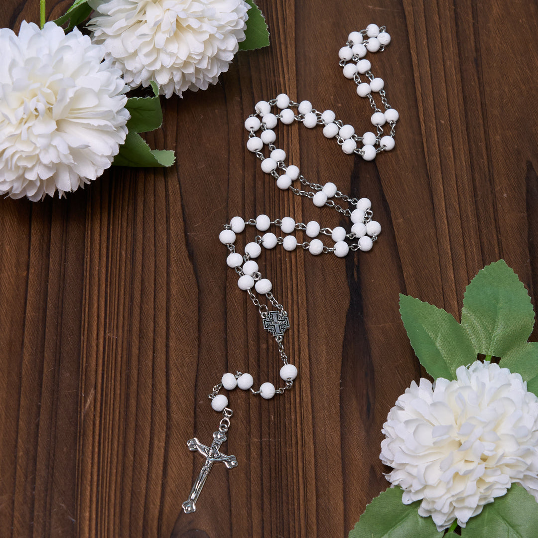 Christianartworkshop Jerusalem Medal & Crucifix of 7 mm Round White Rosewood Alloy Chain Rosary - White - image 2