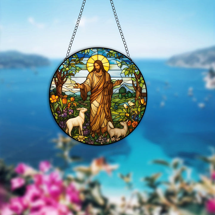 Christianartworkshop Stained Glass Colored Style Jesus The Good Shepherd Christmas Hanging Ornaments - image 2