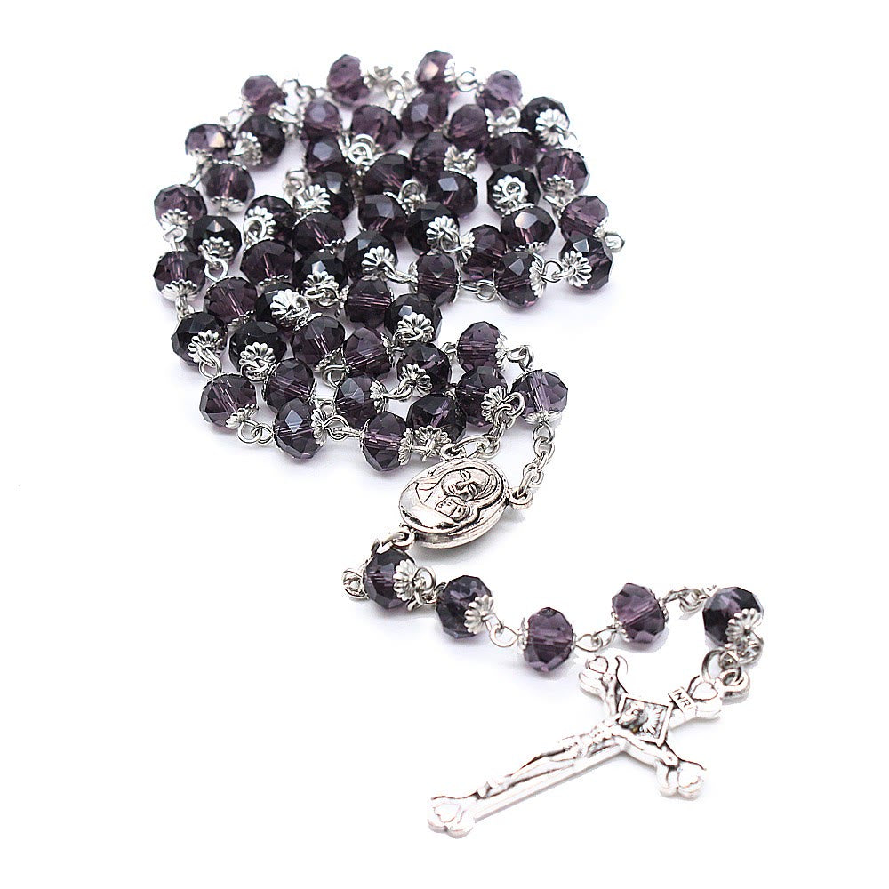 Christianartworkshop Madonna and Child & Crucifix of 6*8 mm Polyhedron Multicolor Glass Alloy Chain Rosary