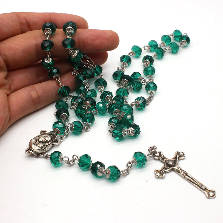 Christianartworkshop Madonna and Child & Crucifix of 6*8 mm Polyhedron Multicolor Glass Alloy Chain Rosary