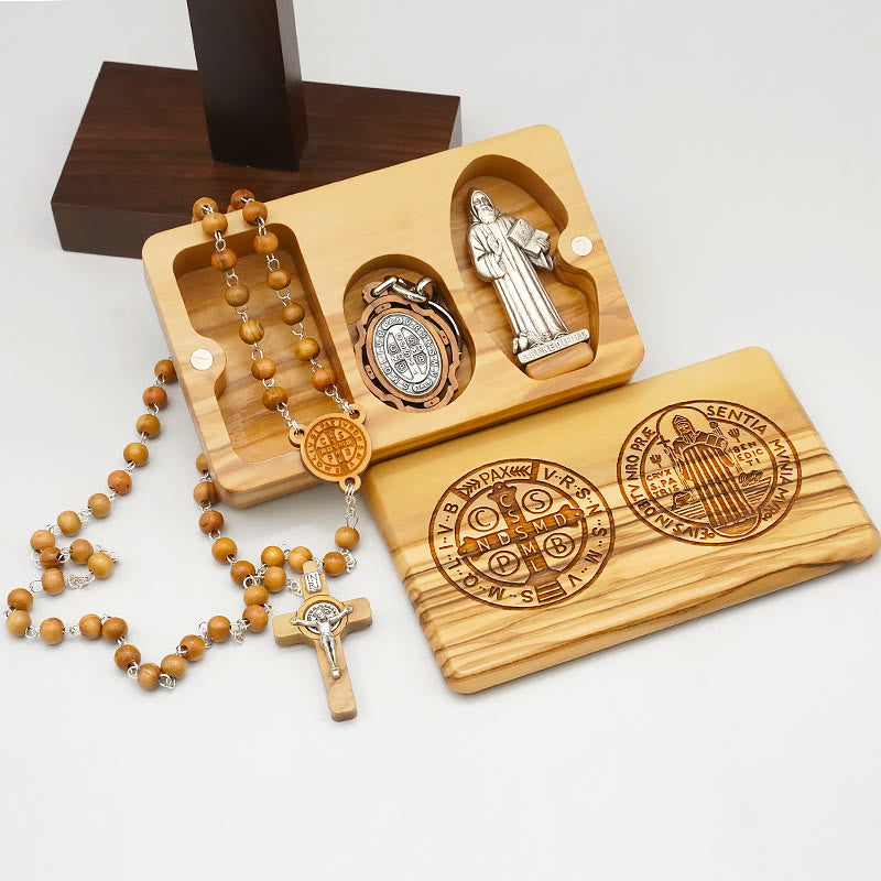 Classic St. Benedict Olive Wood Rosary Set – Five-Decade Rosary