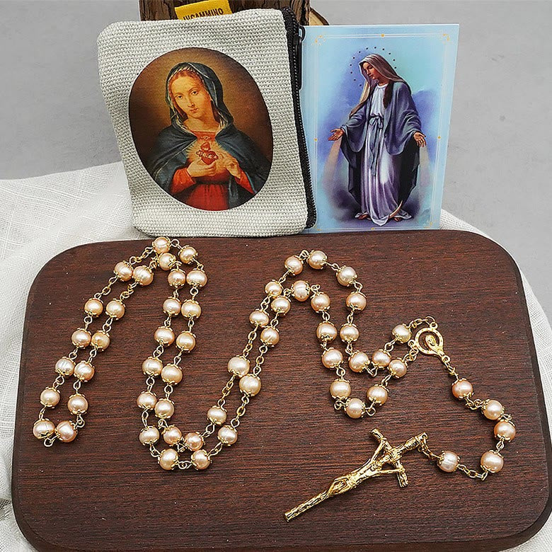 Virgin Mary & Crucifix Rosary - 7x8mm Champagne Pearl Five-Decade